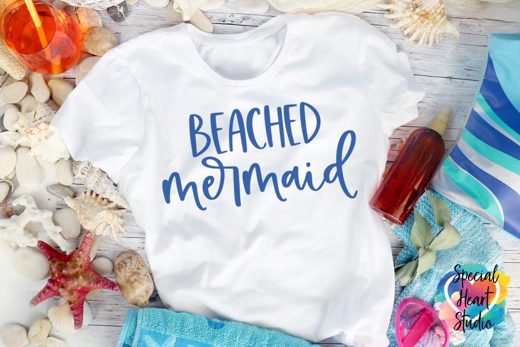 White T-shirt with Beached Mermaid in Blue