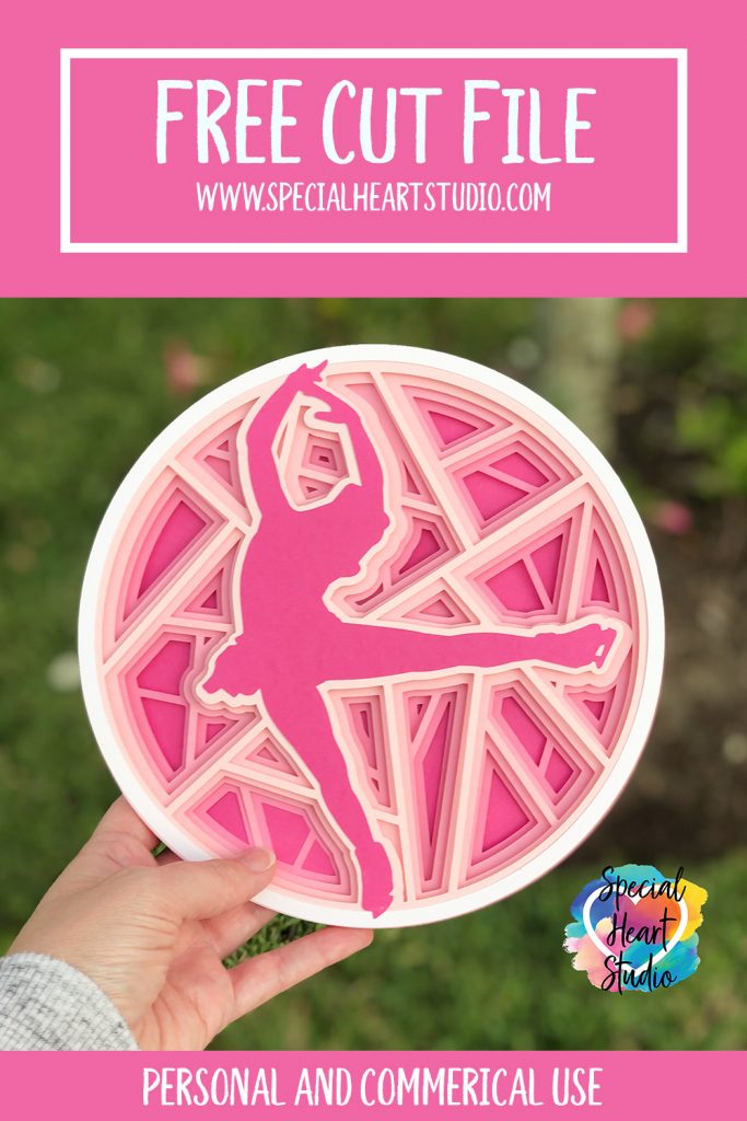 Layered pink cardstock mandala style figure skater in circle free cut file