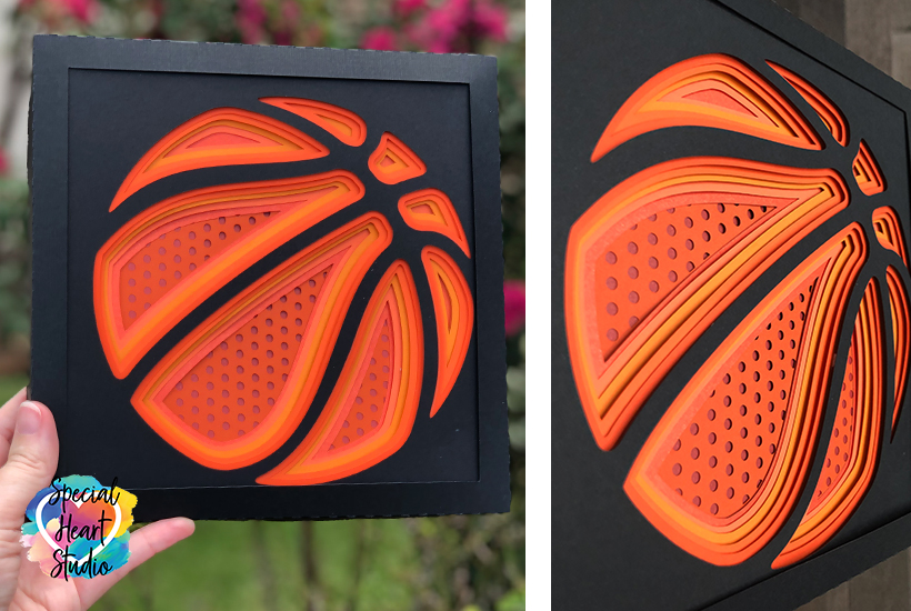 Split view photo of front and side angle view of layered basketball svg cut file.